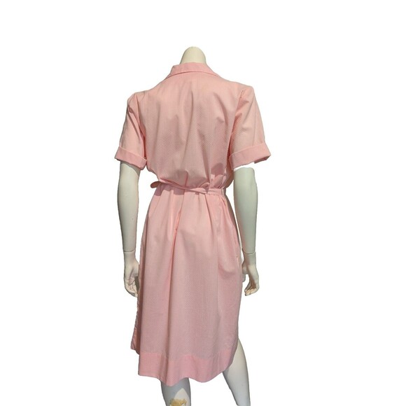 Vintage Polka Dot Flocked Cotton Blend Dress Belt Shift House Dress Pink M B44 - Picture 2 of 9